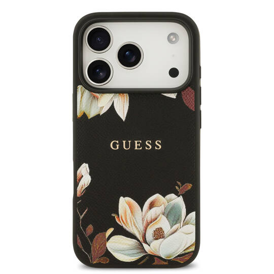 Apple iPhone 17 Pro Kılıf Guess Orjinal Lisanslı M-safe Şarj Özellikli Taneli Çiçek Tasarımlı Metal Yazı Logolu Kapak - 5