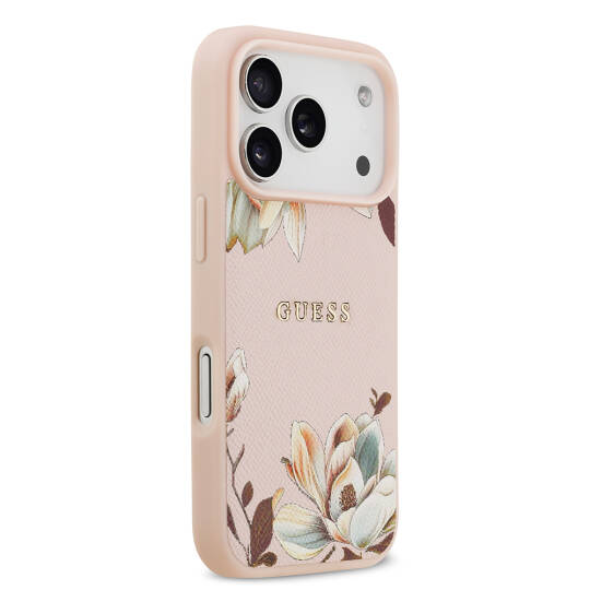 Apple iPhone 17 Pro Kılıf Guess Orjinal Lisanslı M-safe Şarj Özellikli Taneli Çiçek Tasarımlı Metal Yazı Logolu Kapak - 13