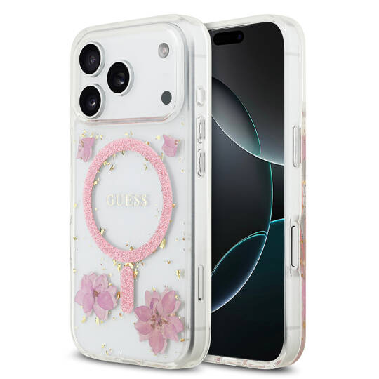 Apple iPhone 17 Pro Kılıf Guess Orjinal Lisanslı M-safe Şarj Özellikli Transparan Resin Flowers Kapak - 3