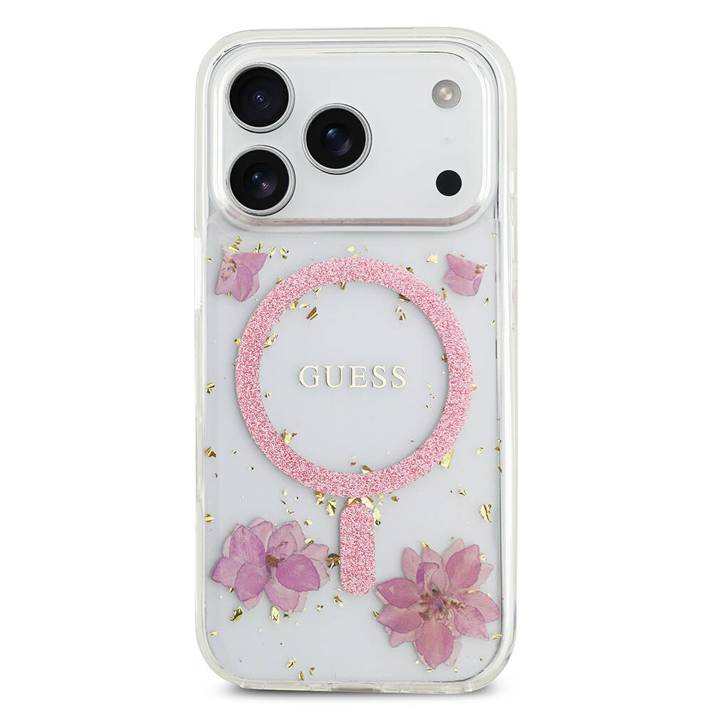 Apple iPhone 17 Pro Kılıf Guess Orjinal Lisanslı M-safe Şarj Özellikli Transparan Resin Flowers Kapak - 5