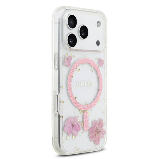 Apple iPhone 17 Pro Kılıf Guess Orjinal Lisanslı M-safe Şarj Özellikli Transparan Resin Flowers Kapak - 6