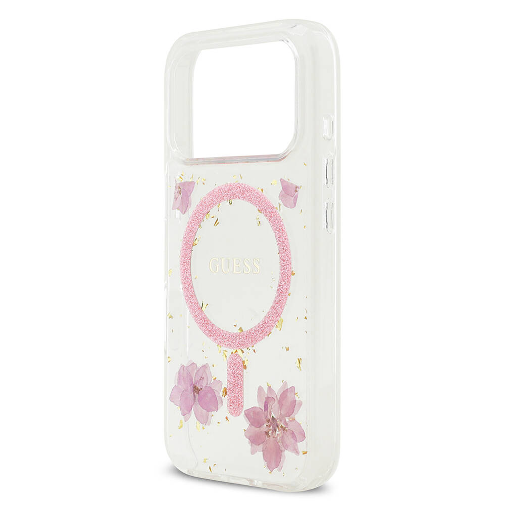 Apple iPhone 17 Pro Kılıf Guess Orjinal Lisanslı M-safe Şarj Özellikli Transparan Resin Flowers Kapak - 8