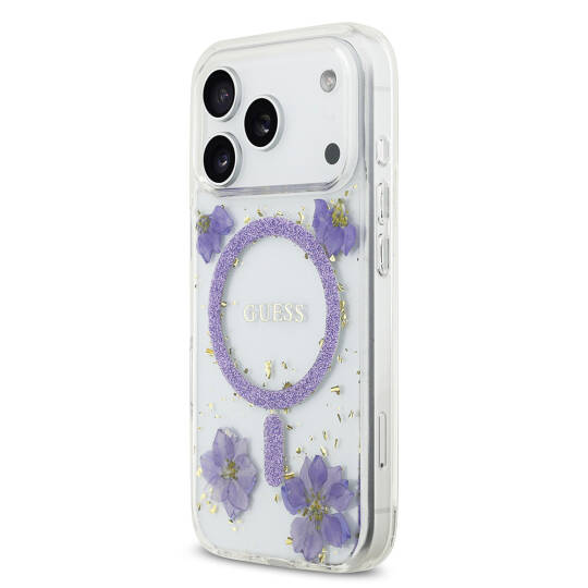 Apple iPhone 17 Pro Kılıf Guess Orjinal Lisanslı M-safe Şarj Özellikli Transparan Resin Flowers Kapak - 10