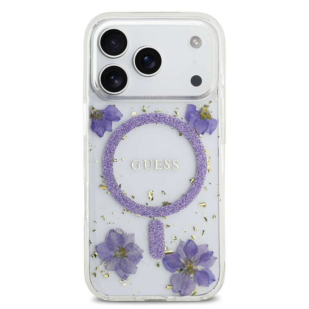 Apple iPhone 17 Pro Kılıf Guess Orjinal Lisanslı M-safe Şarj Özellikli Transparan Resin Flowers Kapak - 11