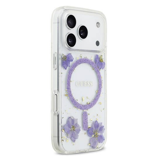 Apple iPhone 17 Pro Kılıf Guess Orjinal Lisanslı M-safe Şarj Özellikli Transparan Resin Flowers Kapak - 12