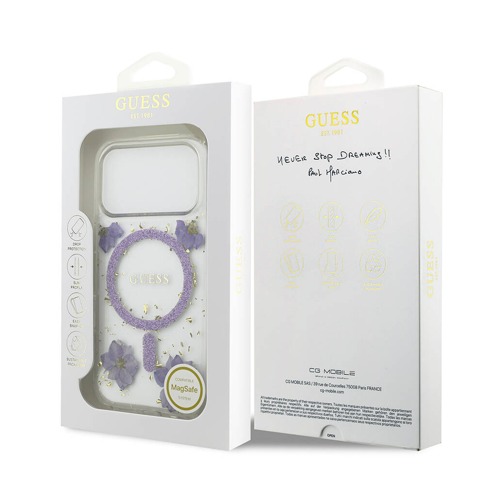 Apple iPhone 17 Pro Kılıf Guess Orjinal Lisanslı M-safe Şarj Özellikli Transparan Resin Flowers Kapak - 17