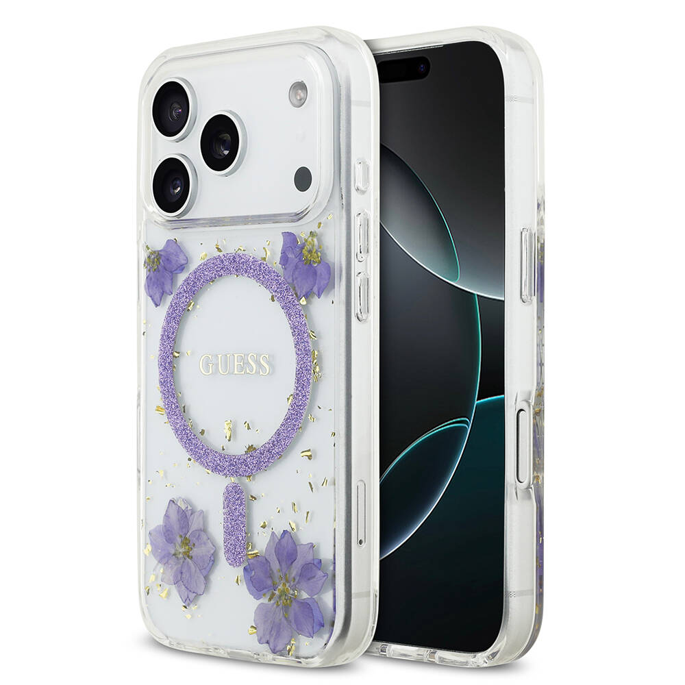 Apple iPhone 17 Pro Kılıf Guess Orjinal Lisanslı M-safe Şarj Özellikli Transparan Resin Flowers Kapak - 1