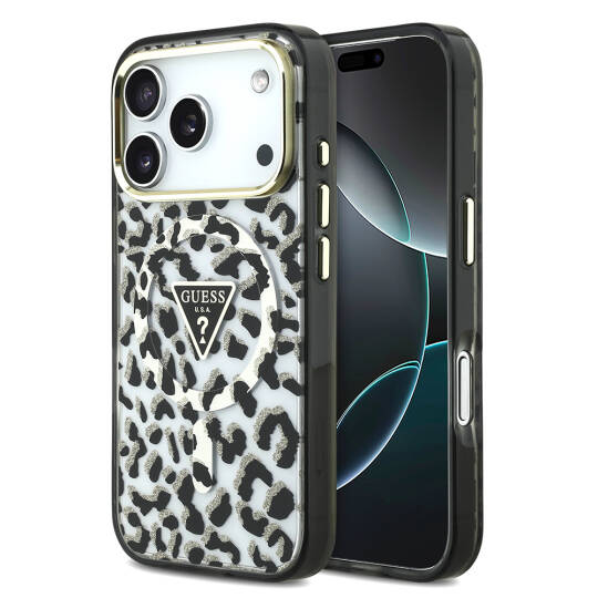 Apple iPhone 17 Pro Kılıf Guess Orjinal Lisanslı M-safe Şarj Özellikli Üçgen Logolu Simli Leopar Desenli Kapak - 3