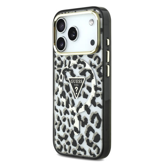 Apple iPhone 17 Pro Kılıf Guess Orjinal Lisanslı M-safe Şarj Özellikli Üçgen Logolu Simli Leopar Desenli Kapak - 4