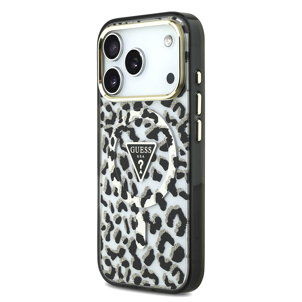 Apple iPhone 17 Pro Kılıf Guess Orjinal Lisanslı M-safe Şarj Özellikli Üçgen Logolu Simli Leopar Desenli Kapak - 4