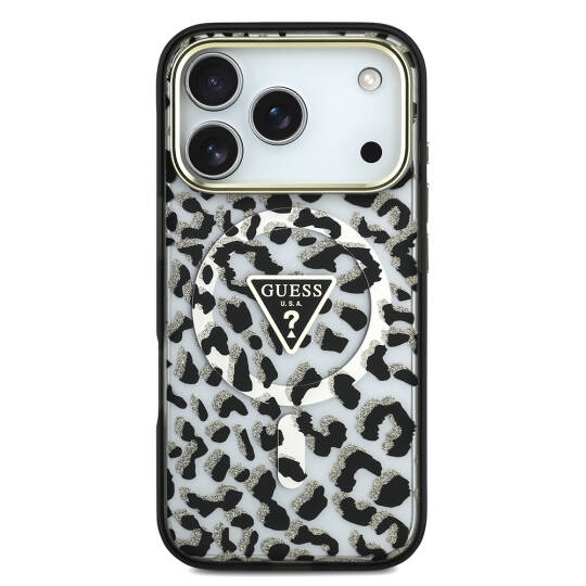 Apple iPhone 17 Pro Kılıf Guess Orjinal Lisanslı M-safe Şarj Özellikli Üçgen Logolu Simli Leopar Desenli Kapak - 5