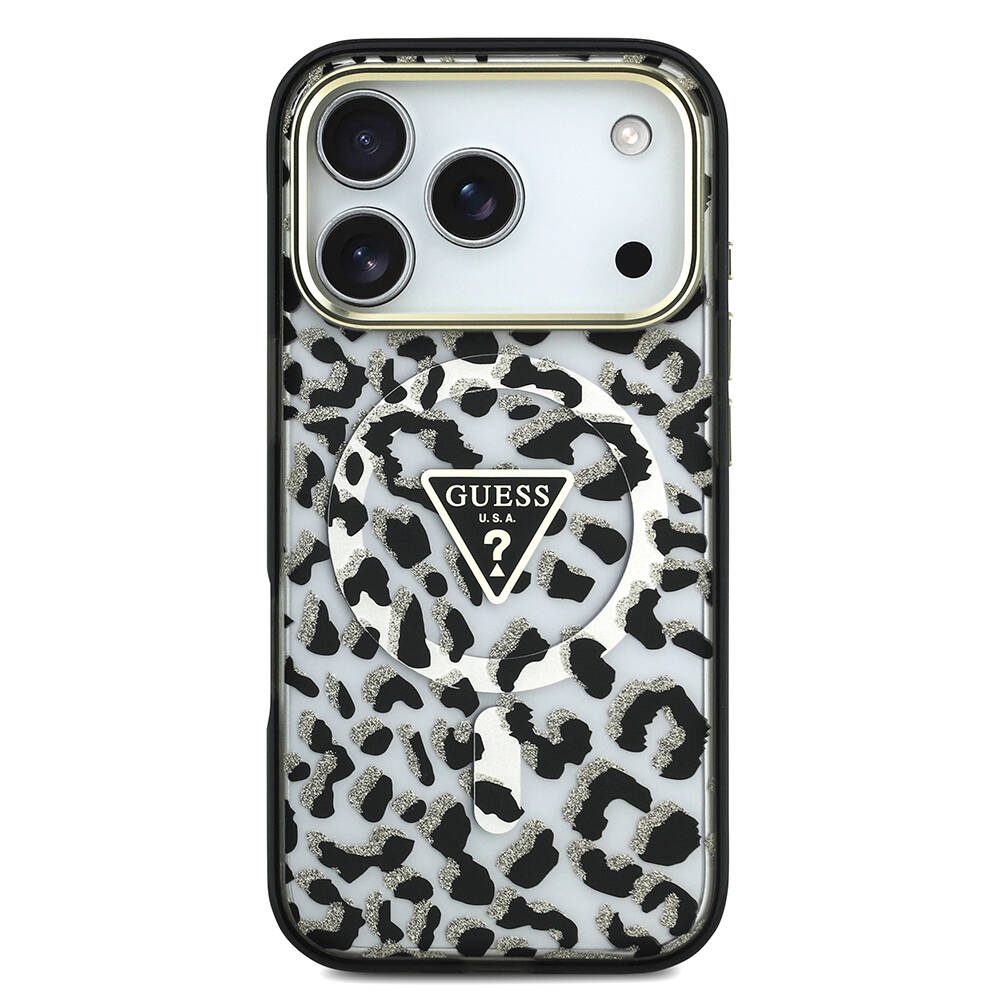 Apple iPhone 17 Pro Kılıf Guess Orjinal Lisanslı M-safe Şarj Özellikli Üçgen Logolu Simli Leopar Desenli Kapak - 5