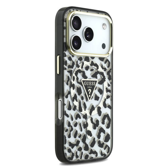 Apple iPhone 17 Pro Kılıf Guess Orjinal Lisanslı M-safe Şarj Özellikli Üçgen Logolu Simli Leopar Desenli Kapak - 6
