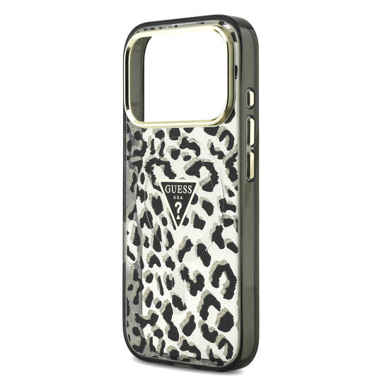 Apple iPhone 17 Pro Kılıf Guess Orjinal Lisanslı M-safe Şarj Özellikli Üçgen Logolu Simli Leopar Desenli Kapak - 8