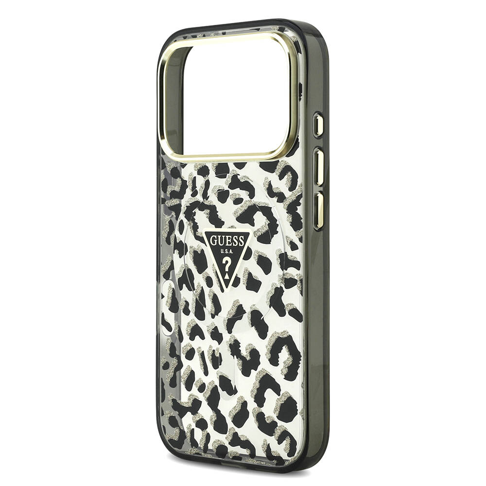 Apple iPhone 17 Pro Kılıf Guess Orjinal Lisanslı M-safe Şarj Özellikli Üçgen Logolu Simli Leopar Desenli Kapak - 8