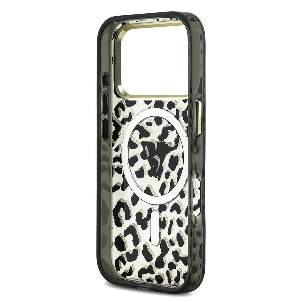 Apple iPhone 17 Pro Kılıf Guess Orjinal Lisanslı M-safe Şarj Özellikli Üçgen Logolu Simli Leopar Desenli Kapak - 9