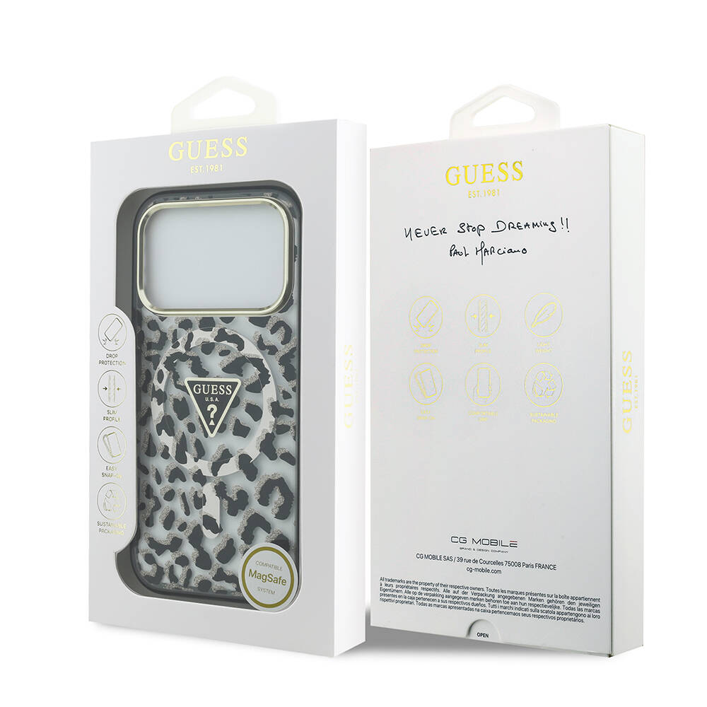 Apple iPhone 17 Pro Kılıf Guess Orjinal Lisanslı M-safe Şarj Özellikli Üçgen Logolu Simli Leopar Desenli Kapak - 16
