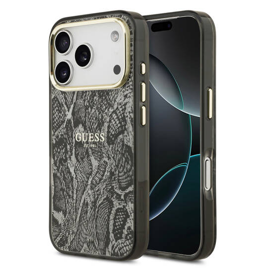 Apple iPhone 17 Pro Kılıf Guess Orjinal Lisanslı M-safe Şarj Özellikli Yazı Logolu Python Desenli Kapak - 3