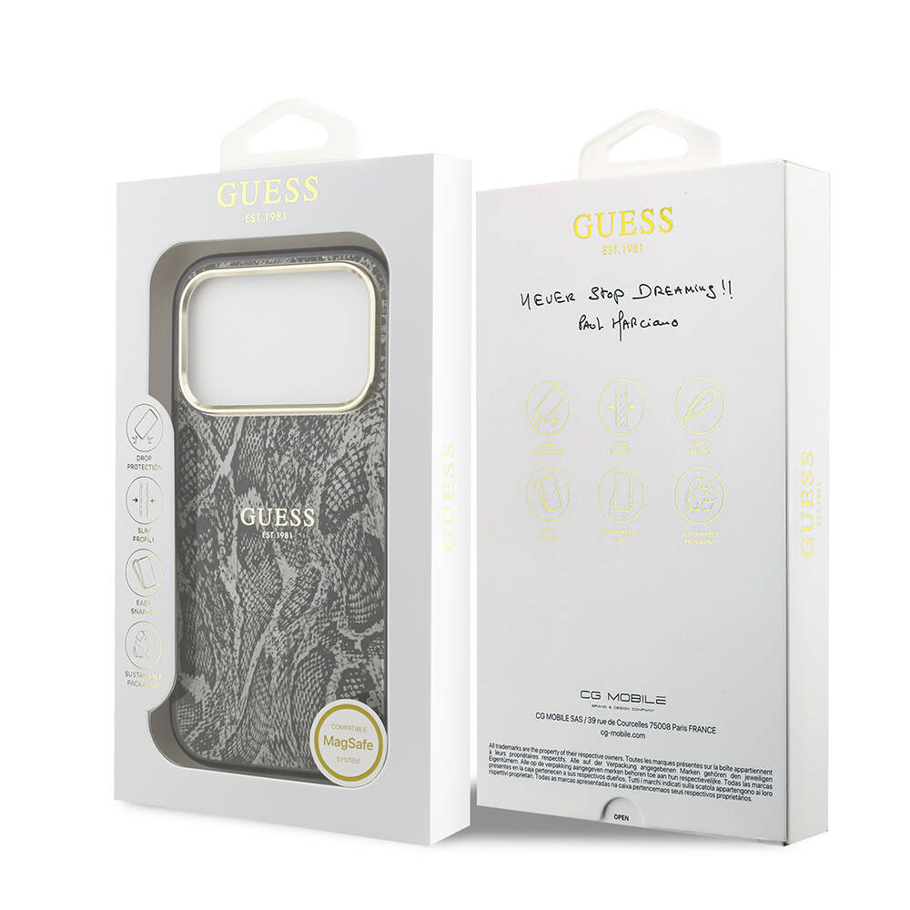 Apple iPhone 17 Pro Kılıf Guess Orjinal Lisanslı M-safe Şarj Özellikli Yazı Logolu Python Desenli Kapak - 16