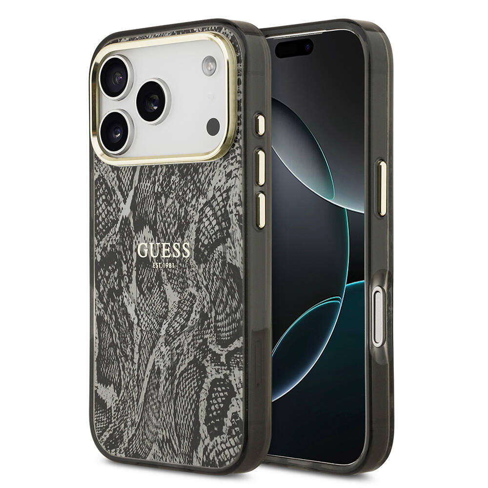 Apple iPhone 17 Pro Kılıf Guess Orjinal Lisanslı M-safe Şarj Özellikli Yazı Logolu Python Desenli Kapak - 1