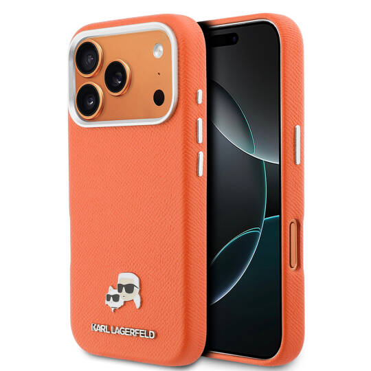 Apple iPhone 17 Pro Kılıf Karl Lagerfeld Orjinal Lisanslı M-safe Şarj Özellikli Metal Kamera ve Buton Tasarımlı K&C Head Logolu PU Deri Kapak