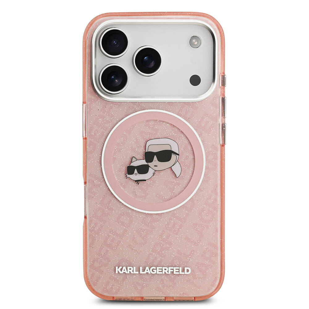 Apple iPhone 17 Pro Kılıf Karl Lagerfeld Orjinal Lisanslı Parlayan Simli Karl & Choupette Heads Kapak - 18