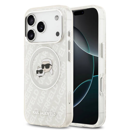 Apple iPhone 17 Pro Kılıf Karl Lagerfeld Orjinal Lisanslı Parlayan Simli Karl & Choupette Heads Kapak - 2