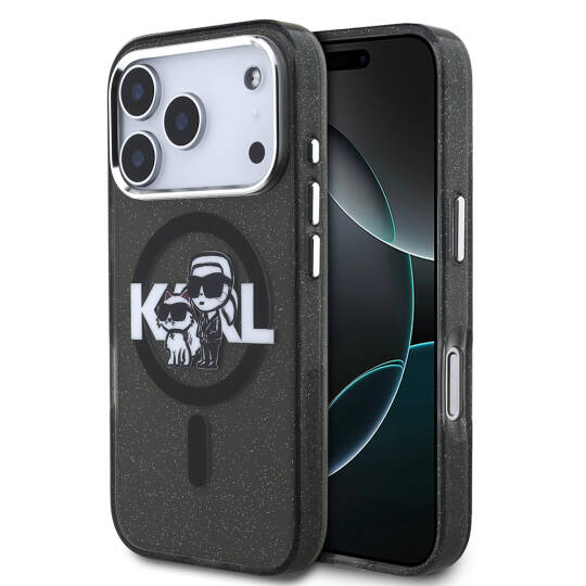 Apple iPhone 17 Pro Kılıf Karl Lagerfeld Orjinal Lisanslı Parlayan Simli Karl & Choupette Sketch Logo Kapak - 2