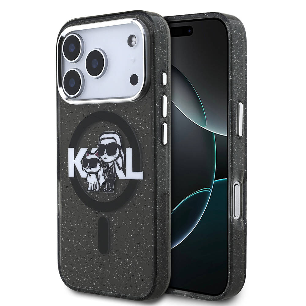 Apple iPhone 17 Pro Kılıf Karl Lagerfeld Orjinal Lisanslı Parlayan Simli Karl & Choupette Sketch Logo Kapak - 2