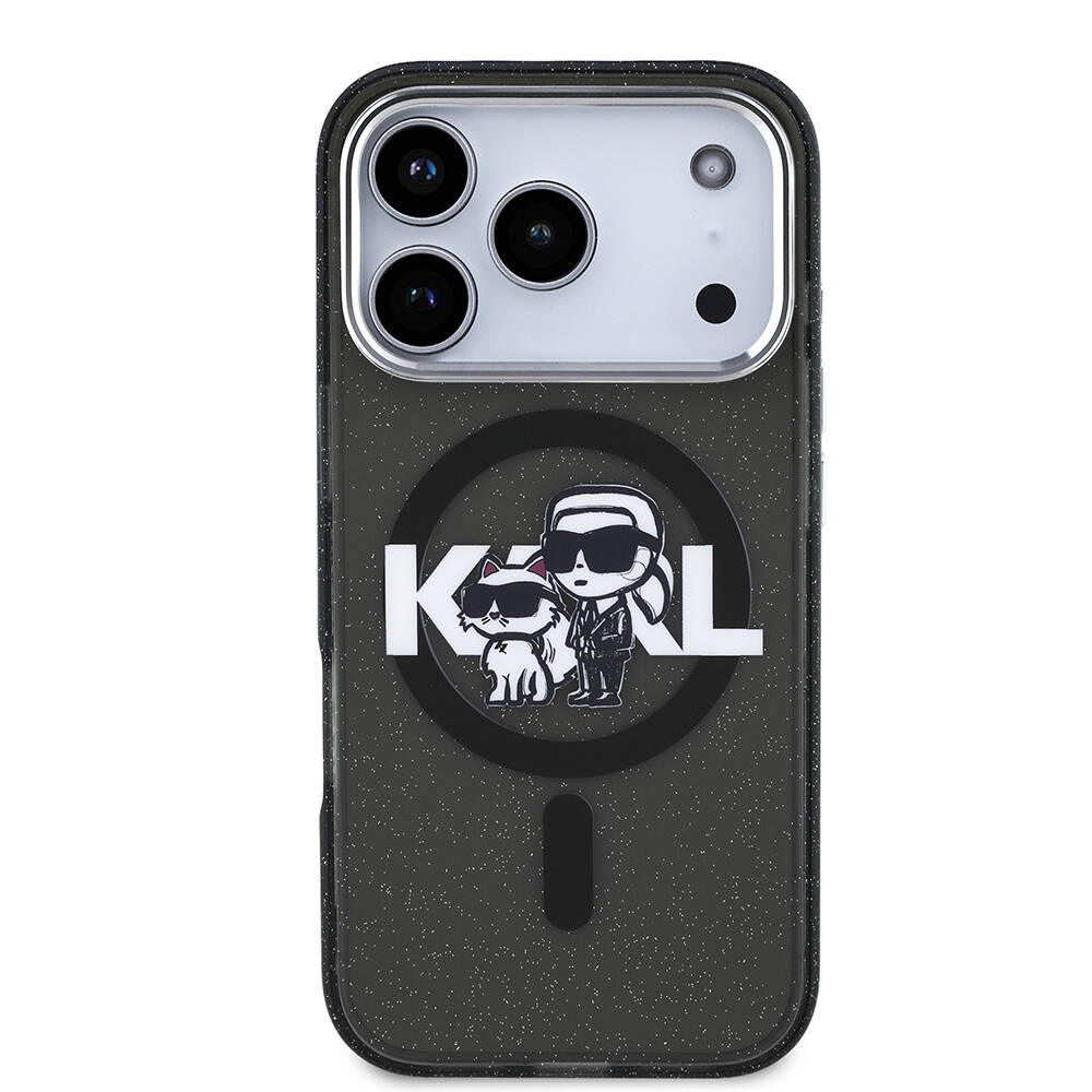Apple iPhone 17 Pro Kılıf Karl Lagerfeld Orjinal Lisanslı Parlayan Simli Karl & Choupette Sketch Logo Kapak - 4