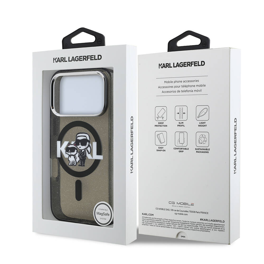 Apple iPhone 17 Pro Kılıf Karl Lagerfeld Orjinal Lisanslı Parlayan Simli Karl & Choupette Sketch Logo Kapak - 9