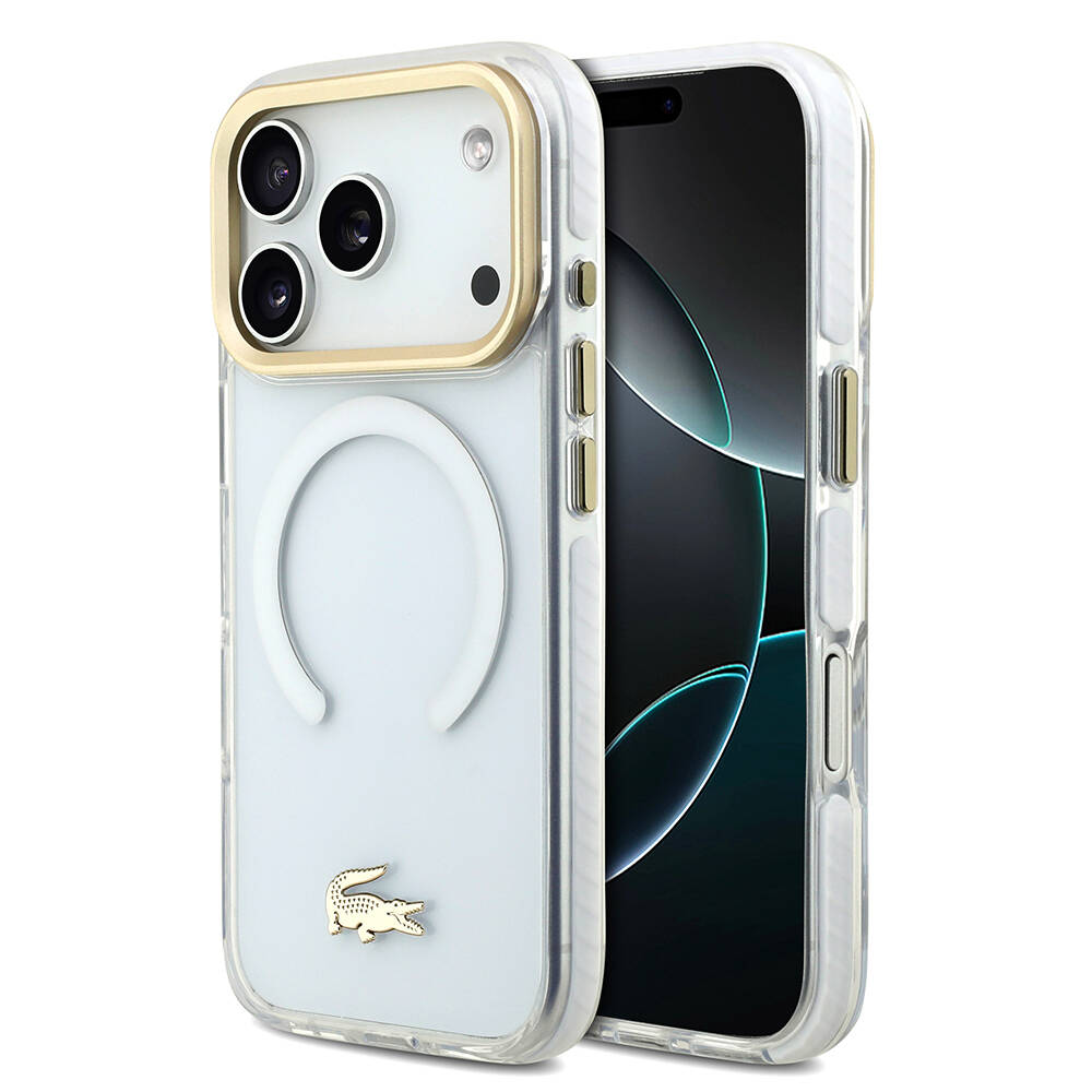 Apple iPhone 17 Pro Kılıf Lacoste Orjinal Lisanslı M-safe Şarj Özellikli Gold Timsah Logolu Buzlu Kapak - 1