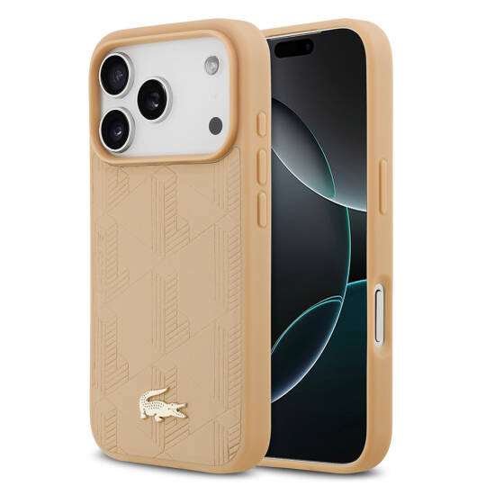Apple iPhone 17 Pro Kılıf Lacoste Orjinal Lisanslı M-safe Şarj Özellikli PU Deri Tasarımlı Karışık Monogram Desenli Kapak - 3