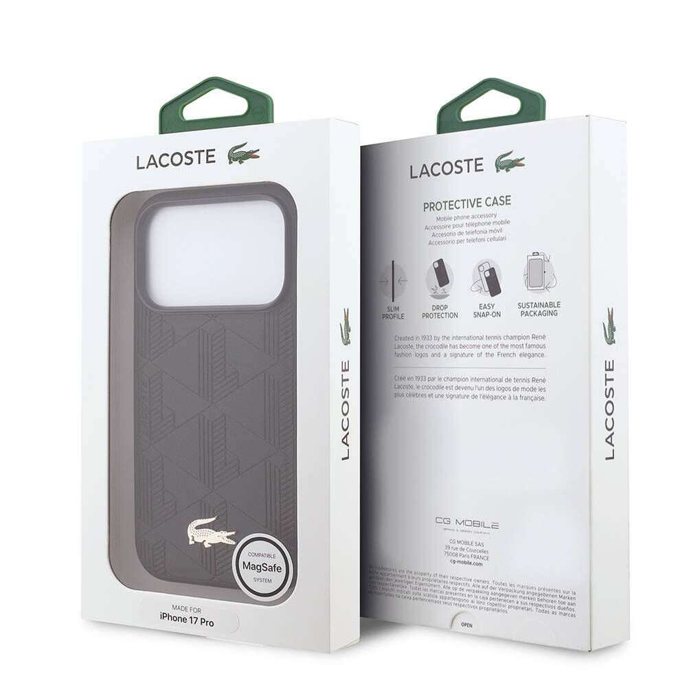 Apple iPhone 17 Pro Kılıf Lacoste Orjinal Lisanslı M-safe Şarj Özellikli PU Deri Tasarımlı Karışık Monogram Desenli Kapak - 17