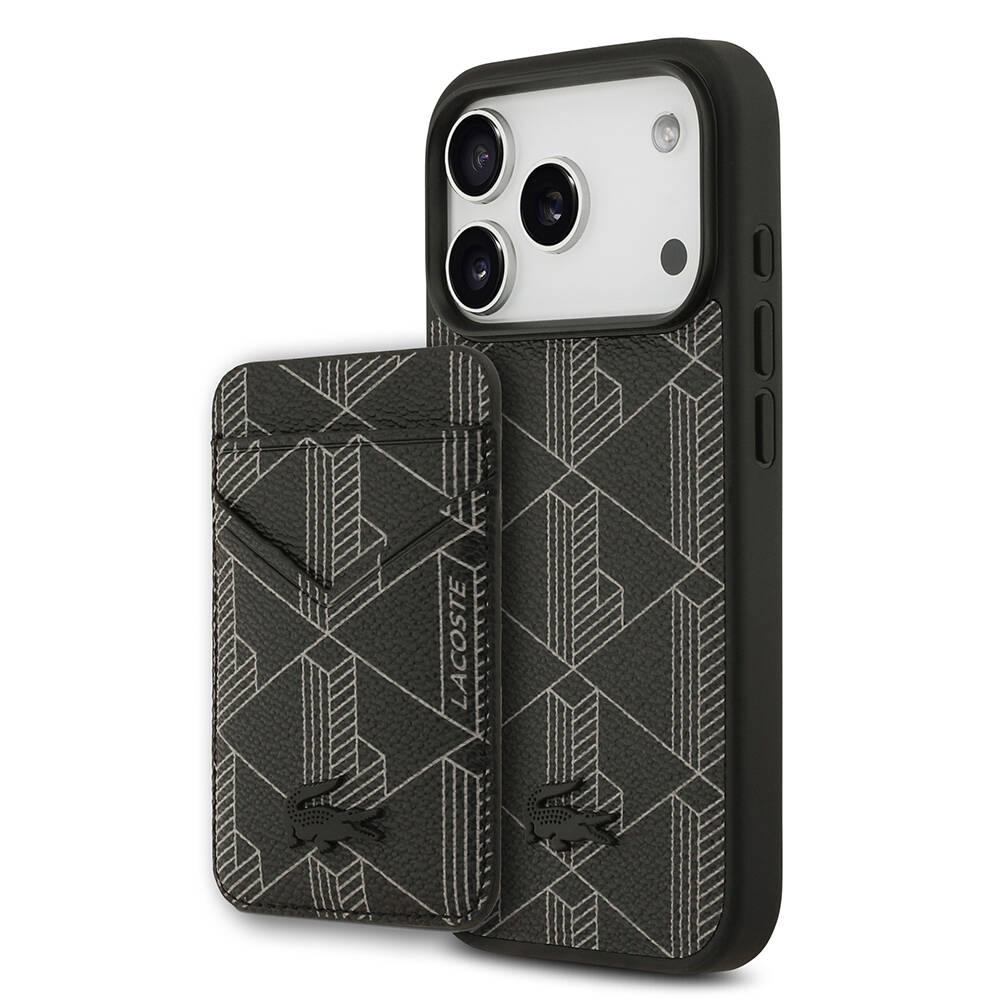 Apple iPhone 17 Pro Kılıf Lacoste Orjinal Lisanslı M-safe Şarj Özellikli PU Deri Tasarımlı Kartlıklı Karışık Monogram Desenli Kapak - 12