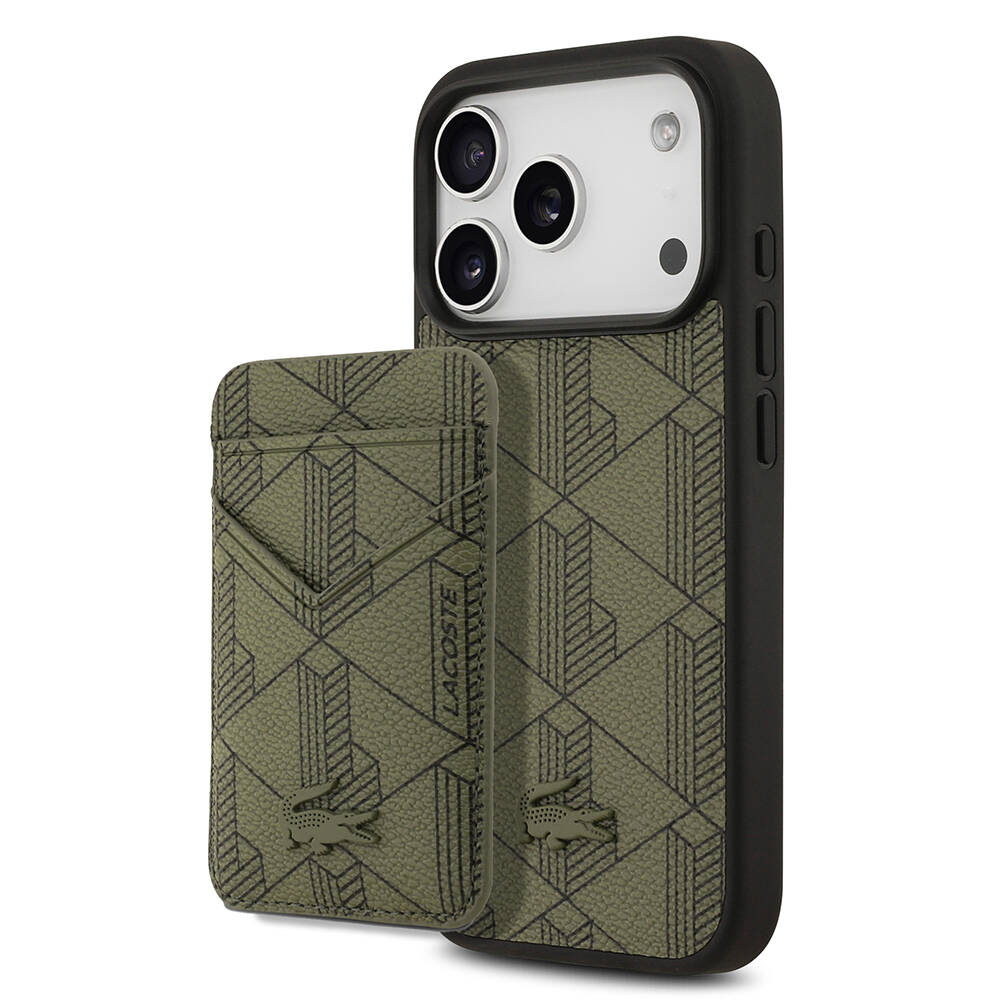 Apple iPhone 17 Pro Kılıf Lacoste Orjinal Lisanslı M-safe Şarj Özellikli PU Deri Tasarımlı Kartlıklı Karışık Monogram Desenli Kapak - 11