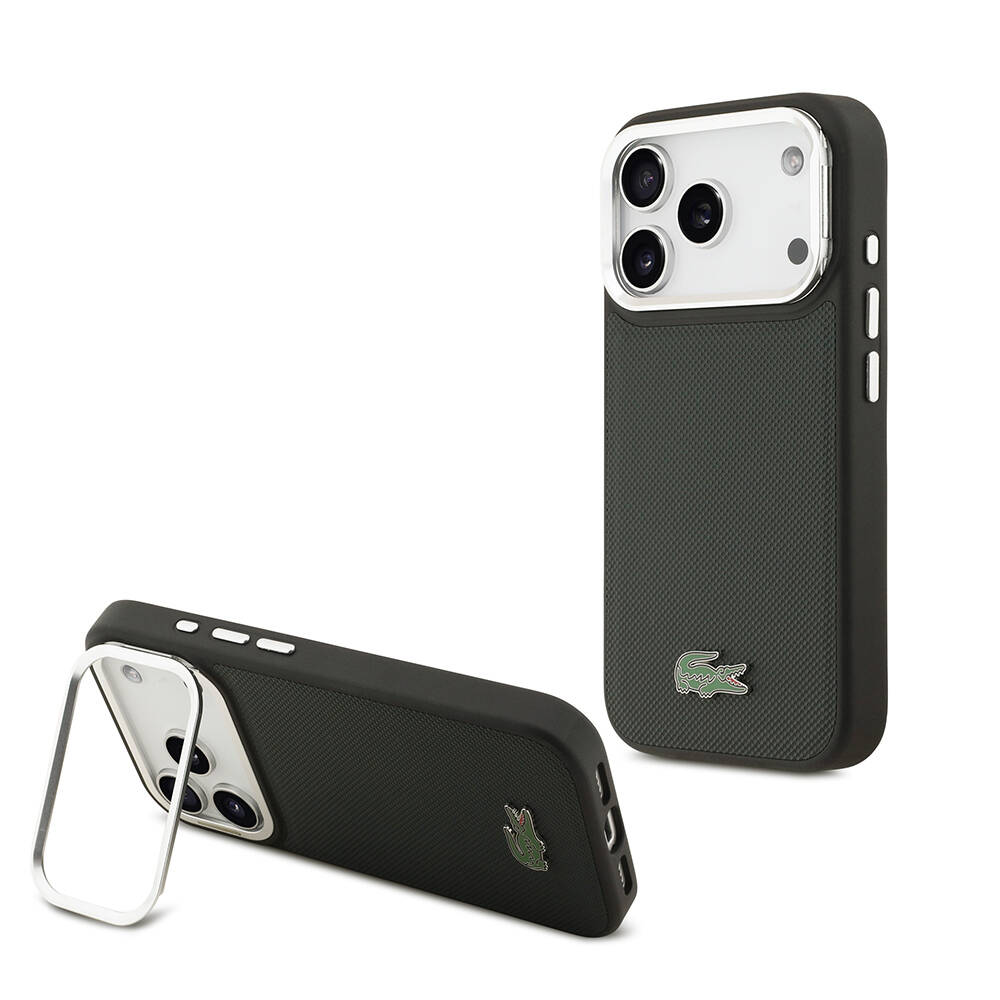 Apple iPhone 17 Pro Kılıf Lacoste Orjinal Lisanslı M-safe Şarj Özellikli PU Pike Desenli Standlı Metal Logolu Kapak - 3