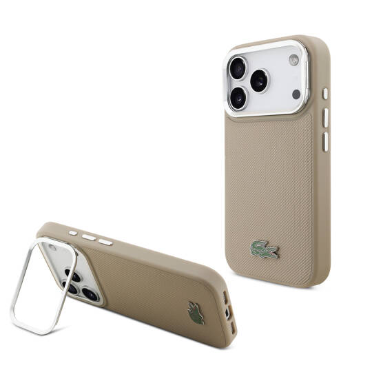 Apple iPhone 17 Pro Kılıf Lacoste Orjinal Lisanslı M-safe Şarj Özellikli PU Pike Desenli Standlı Metal Logolu Kapak - 2