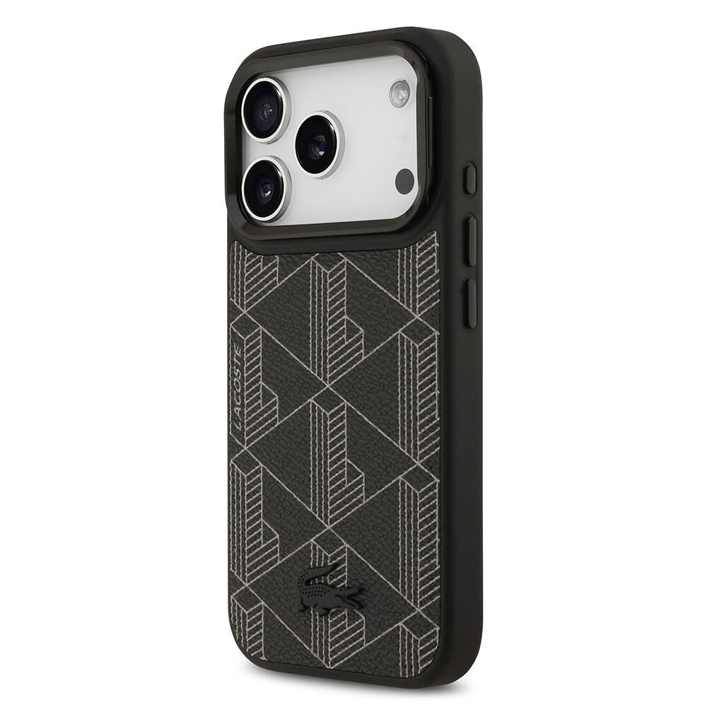 Apple iPhone 17 Pro Kılıf Lacoste Orjinal Lisanslı M-safe Şarj Özellikli Standlı PU Deri Karışık Monogram Desenli Kapak - 12