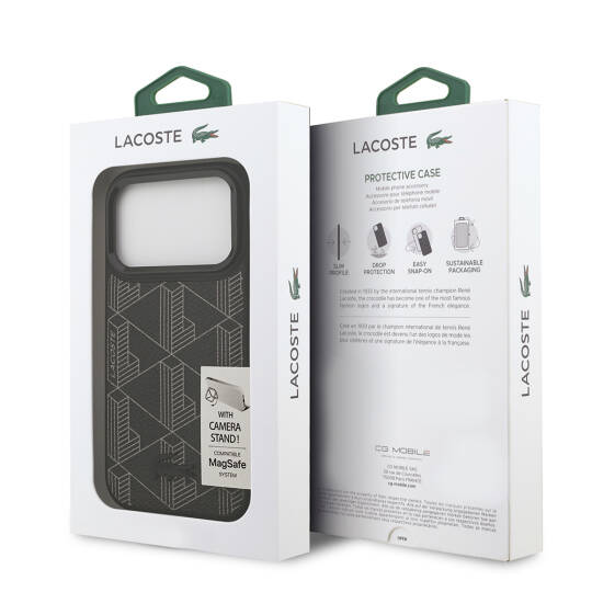 Apple iPhone 17 Pro Kılıf Lacoste Orjinal Lisanslı M-safe Şarj Özellikli Standlı PU Deri Karışık Monogram Desenli Kapak - 18