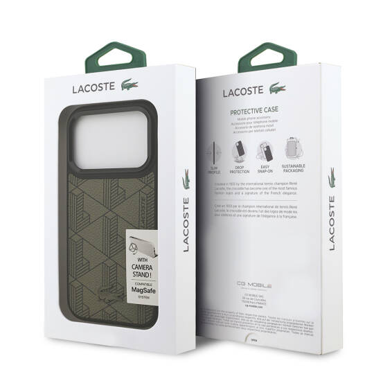 Apple iPhone 17 Pro Kılıf Lacoste Orjinal Lisanslı M-safe Şarj Özellikli Standlı PU Deri Karışık Monogram Desenli Kapak - 25