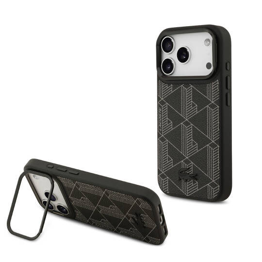 Apple iPhone 17 Pro Kılıf Lacoste Orjinal Lisanslı M-safe Şarj Özellikli Standlı PU Deri Karışık Monogram Desenli Kapak - 10