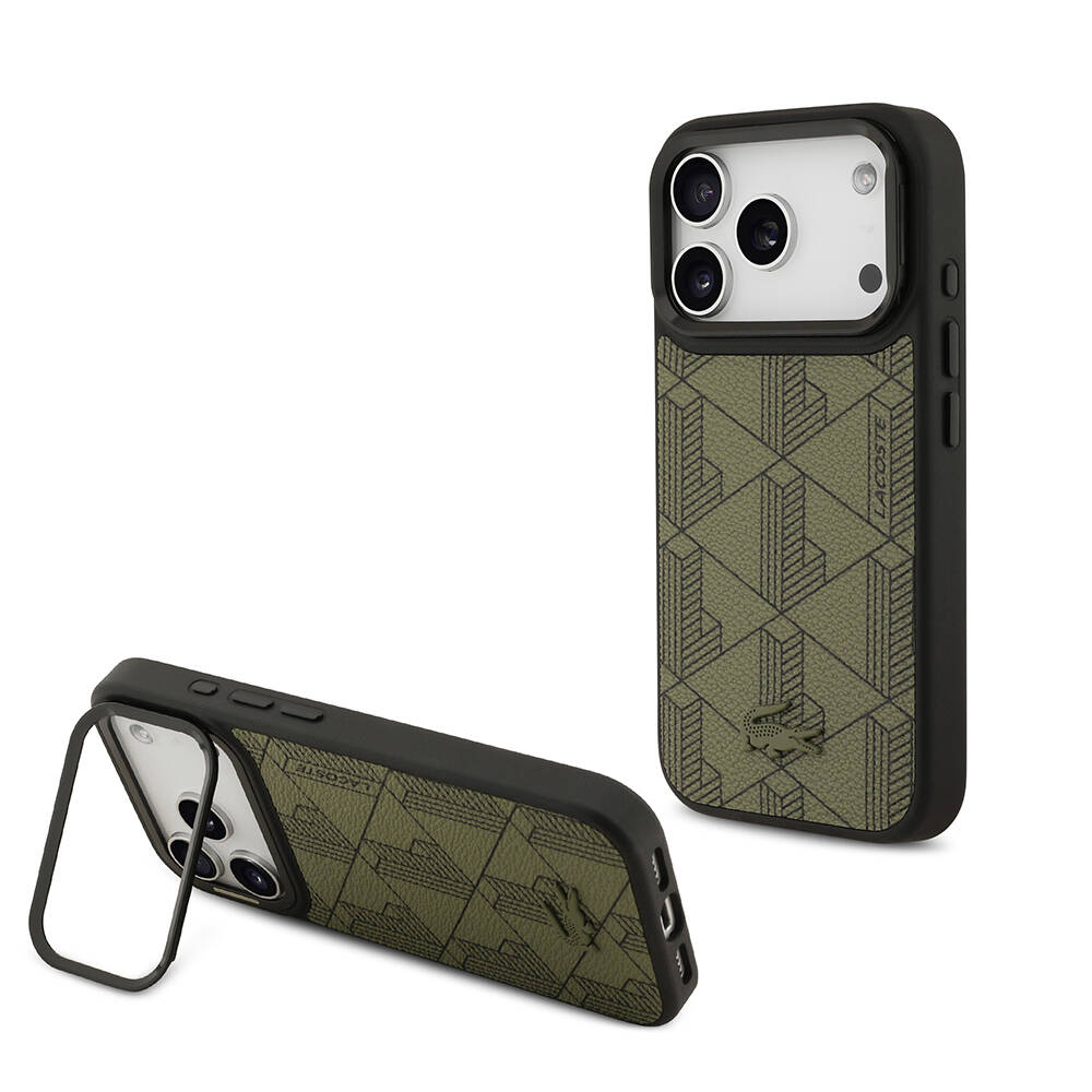 Apple iPhone 17 Pro Kılıf Lacoste Orjinal Lisanslı M-safe Şarj Özellikli Standlı PU Deri Karışık Monogram Desenli Kapak - 9