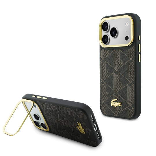 Apple iPhone 17 Pro Kılıf Lacoste Orjinal Lisanslı M-safe Şarj Özellikli Standlı PU Deri Karışık Monogram Desenli Kapak