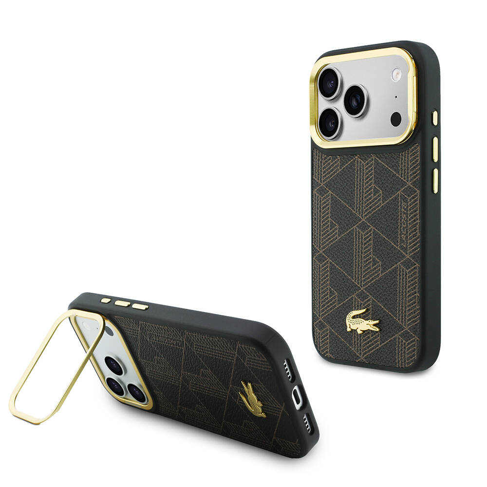 Apple iPhone 17 Pro Kılıf Lacoste Orjinal Lisanslı M-safe Şarj Özellikli Standlı PU Deri Karışık Monogram Desenli Kapak - 1