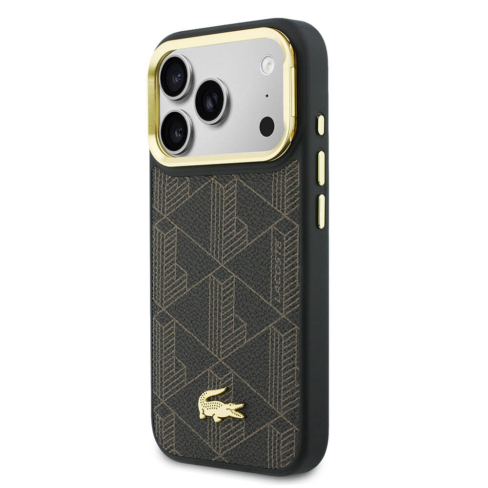 Apple iPhone 17 Pro Kılıf Lacoste Orjinal Lisanslı M-safe Şarj Özellikli Standlı PU Deri Karışık Monogram Desenli Kapak - 2