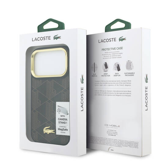 Apple iPhone 17 Pro Kılıf Lacoste Orjinal Lisanslı M-safe Şarj Özellikli Standlı PU Deri Karışık Monogram Desenli Kapak - 8