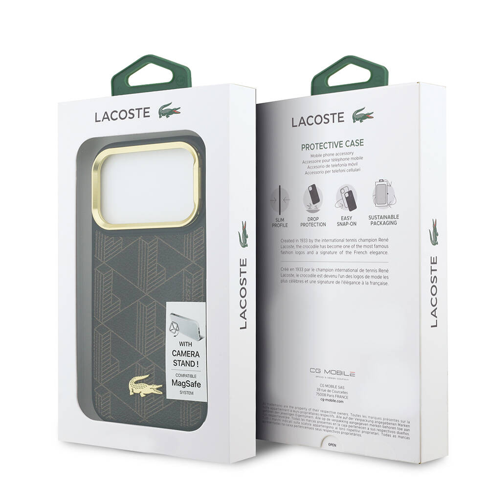 Apple iPhone 17 Pro Kılıf Lacoste Orjinal Lisanslı M-safe Şarj Özellikli Standlı PU Deri Karışık Monogram Desenli Kapak - 8