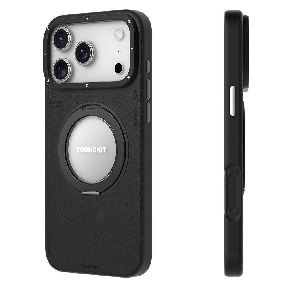 Apple iPhone 17 Pro Kılıf M-safe Şarj Özellikli 360 Derece Standlı Basit Mat Deri Desenli Youngkit Tech Leather Serisi Kapak - 8