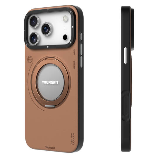 Apple iPhone 17 Pro Kılıf M-safe Şarj Özellikli 360 Derece Standlı Basit Mat Deri Desenli Youngkit Tech Leather Serisi Kapak - 9